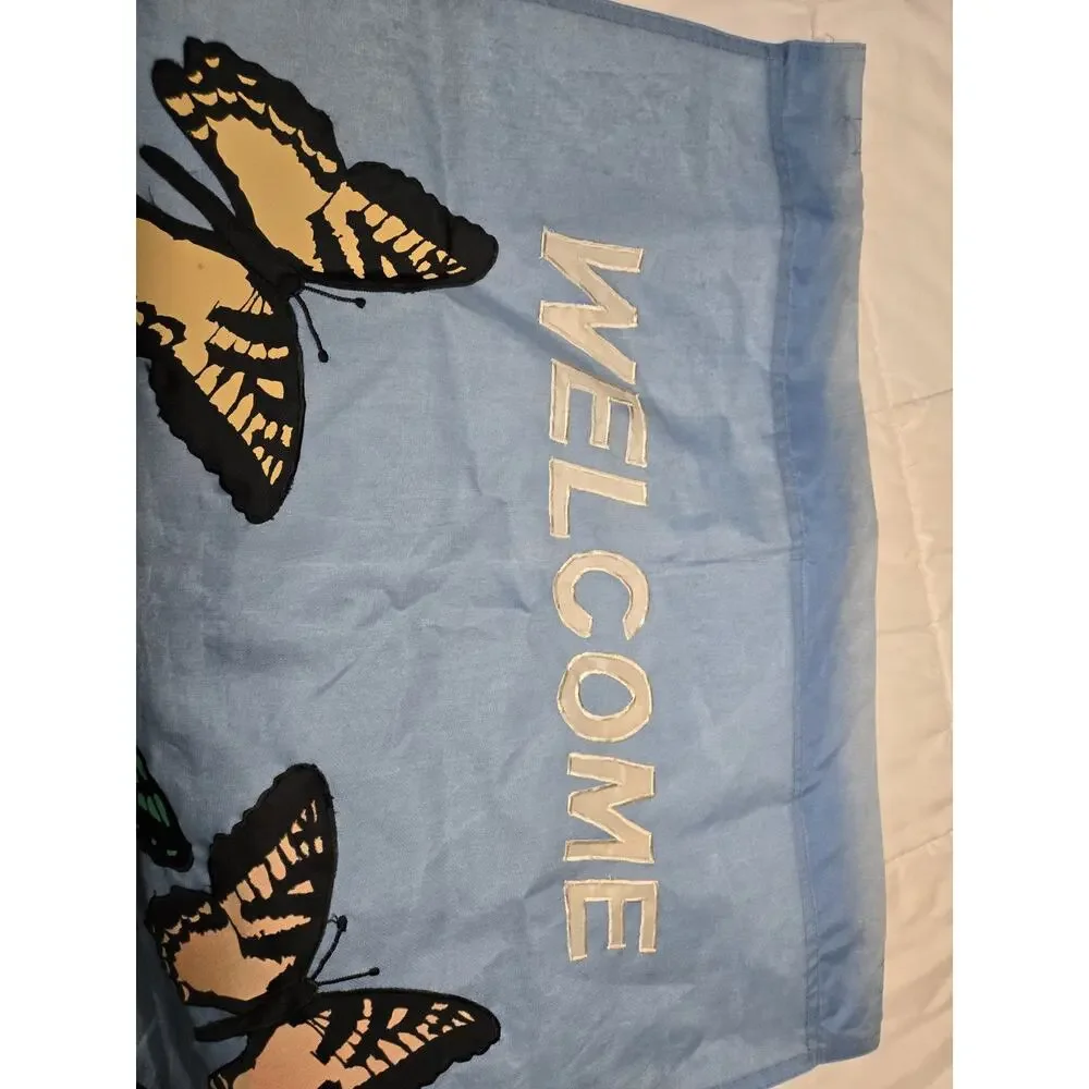 Cottage Garden Butterfly Blue Monarch Vtg XL Greeting Banner Welcome Spring...